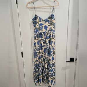 Stunning Zara Linen Blend Blue and Cream Floral Midi Dress